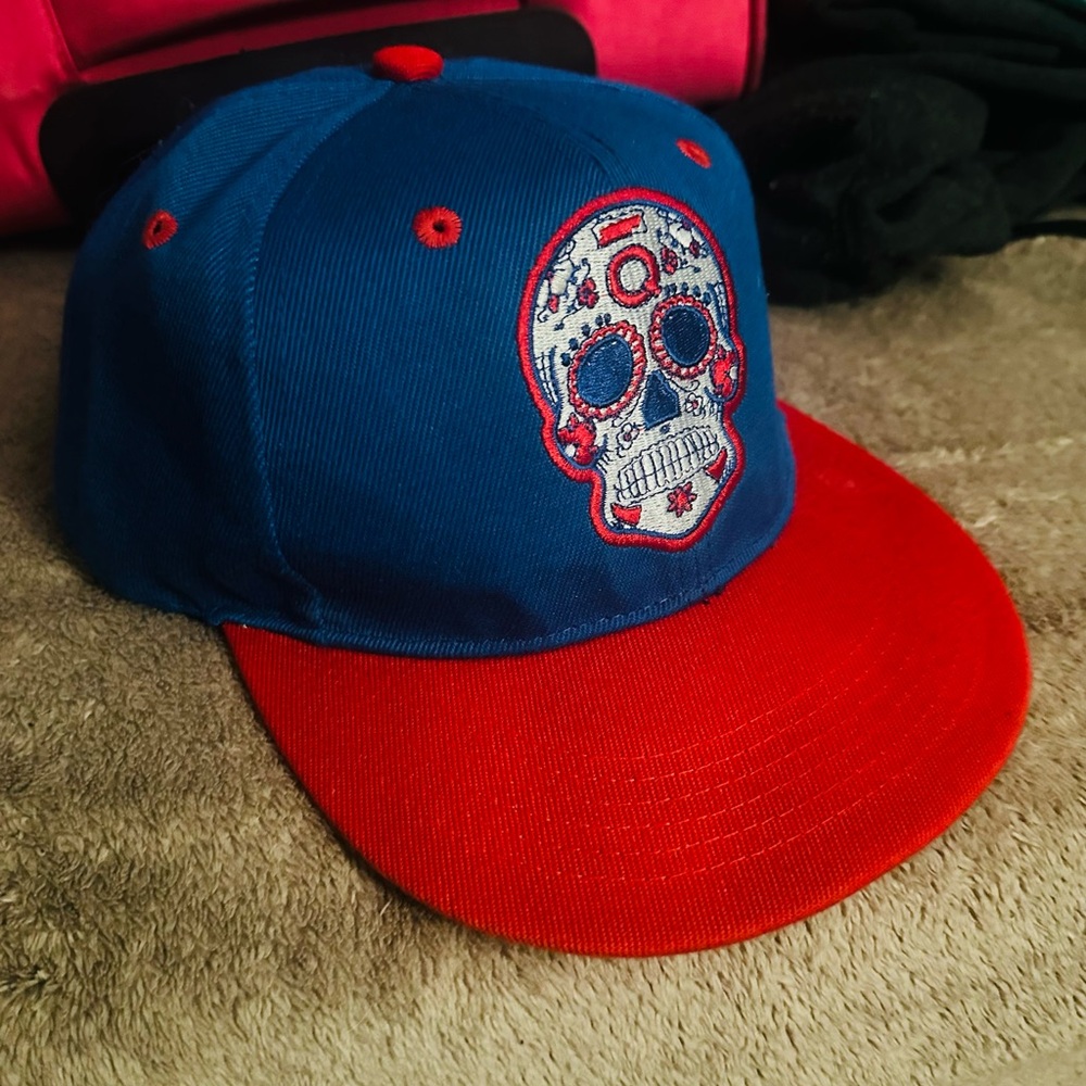 Blue and Red Sugar Skull Cap Baseball Hat